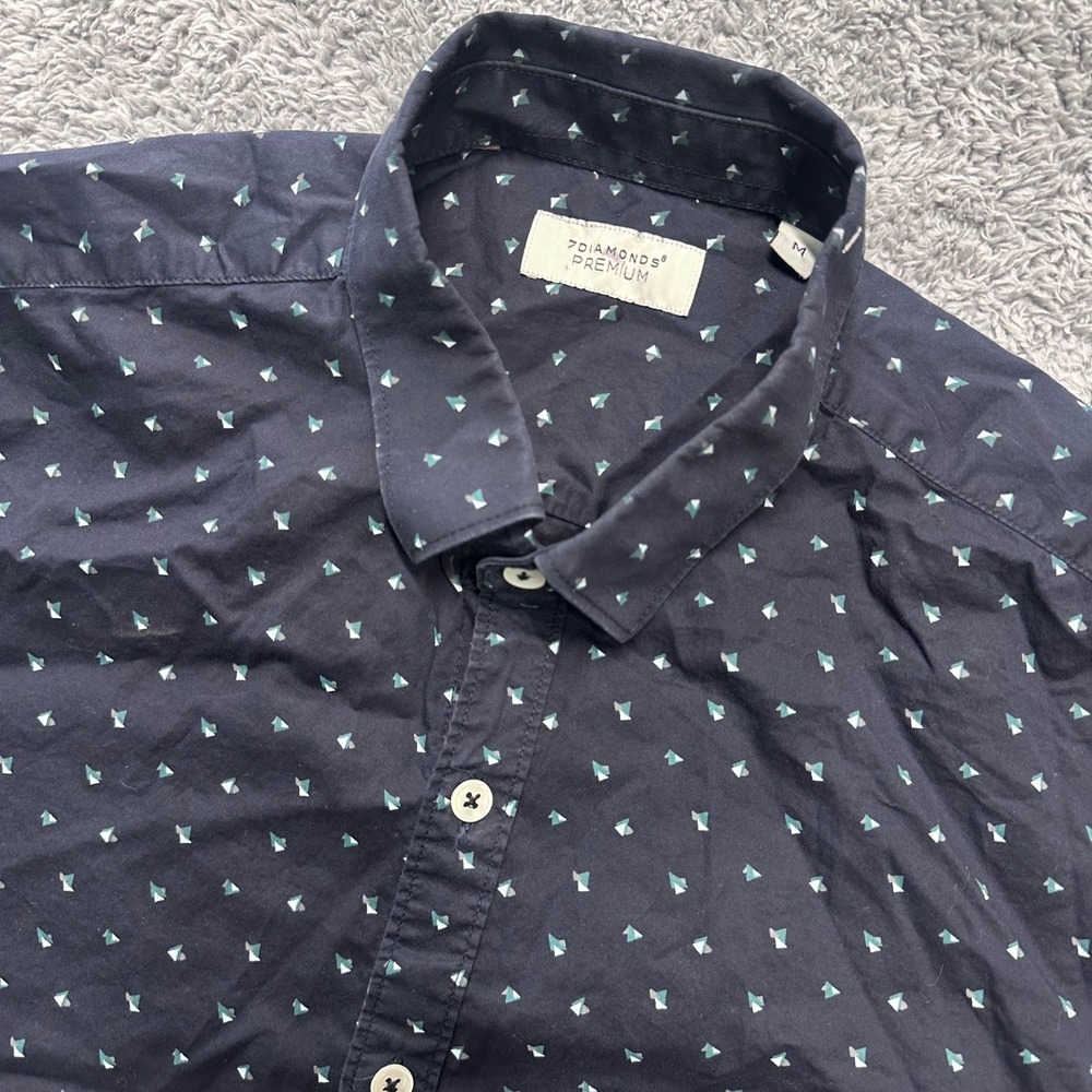 7 Diamonds Premium Shirt Mens Medium Navy Blue Button Up Short Sleeve Geometric